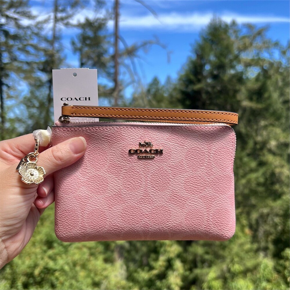 COACH Signature Canvas Powder Pink & Tea Rose Charm Wristlet Gold Hardware NWT